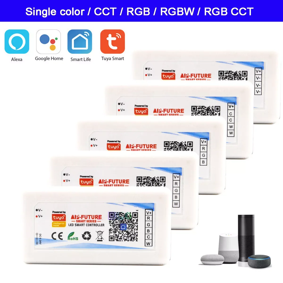 Imagem -02 - Tuya Alexa Google Home Voice Wifi Controlador Inteligente Single Color Dimmer Cct Rgb Rgbw Rgbcct Faixa de Led App 2.4g rf Dc524v em 1