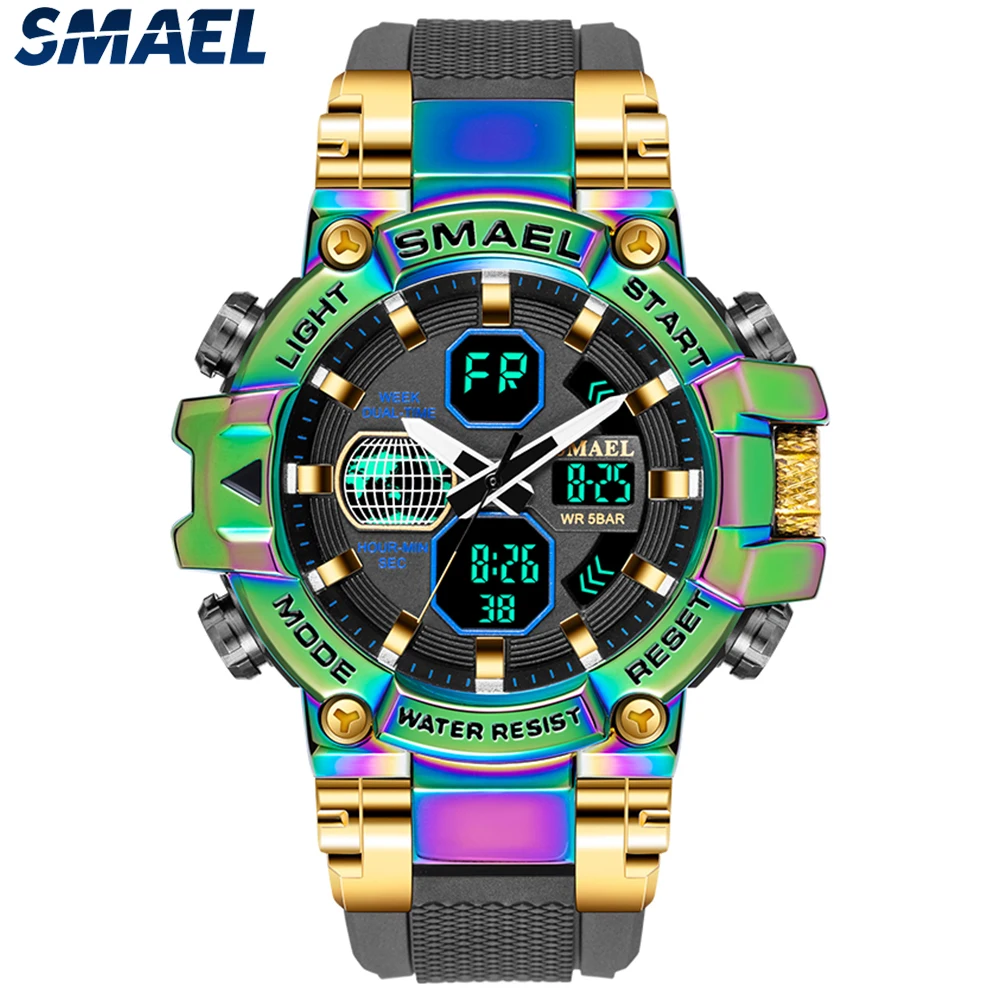 Smael นาฬิกาผู้ชาย, กันน้ำสำหรับกีฬากลางแจ้งมัลติฟังก์ชัน Jam Tangan elektronik 8027มีสีสันโลหะผสม