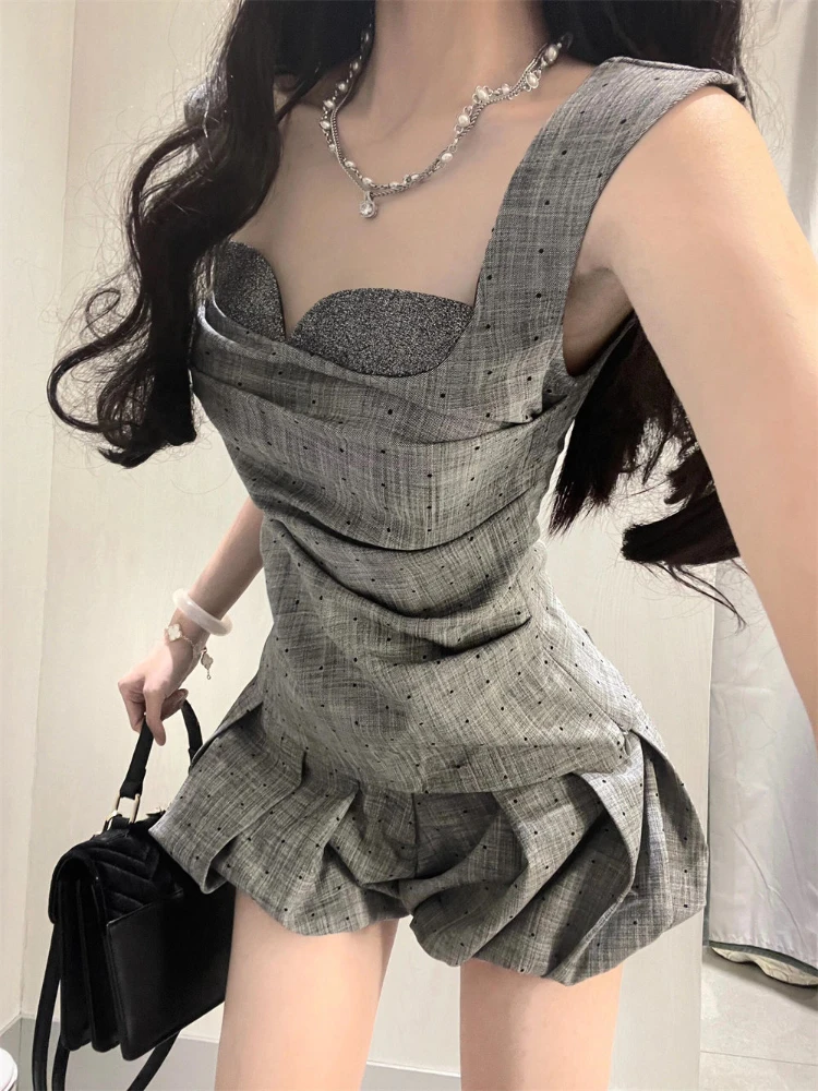 Korean Fashion New Chic Two Piece Set Women Gray Polka Dot sleeveless Tops+High Waist Mini Skirt Female Summer Casual Party suit