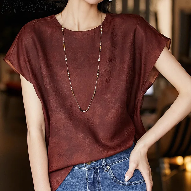 AYUNSUE Red Gambiered Silk Women T Shirts Short Sleeve Tops for Woman Summer Pullover Casual Stylish Woman Clothes Топ Женский