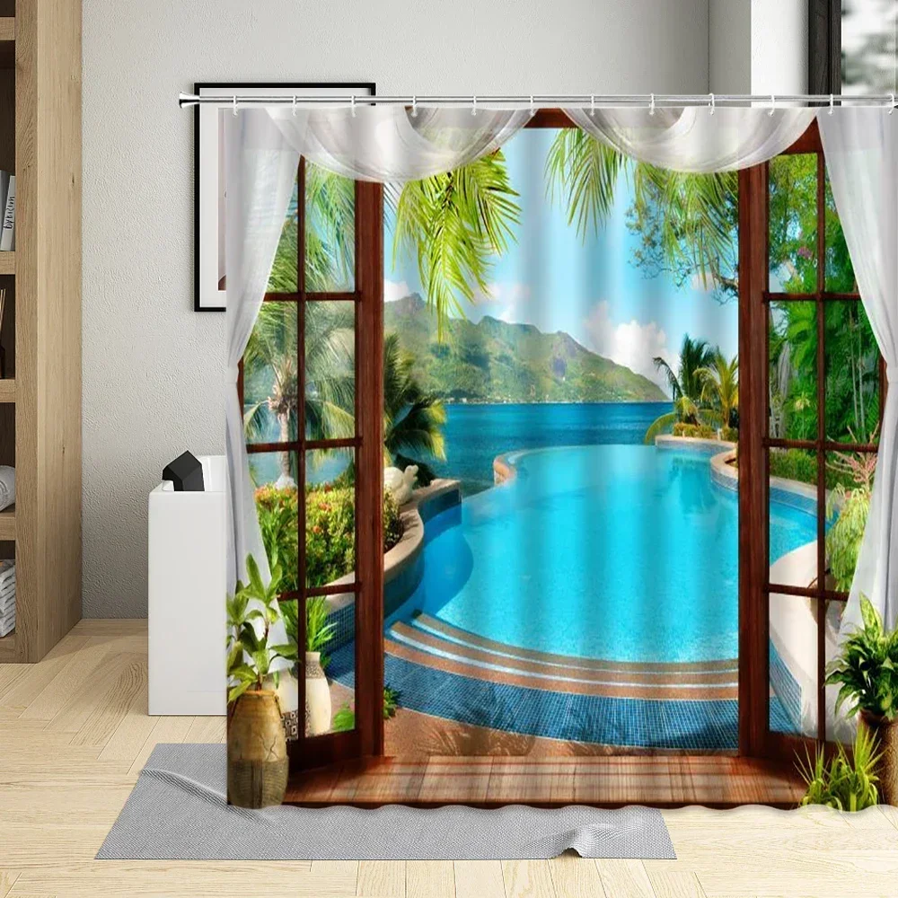 Window Outside Island Beach Shower Curtains Ocean Palm Trees Parrot Nature Scenery Bath Curtain Fabric Bathroom Decor With Hooks