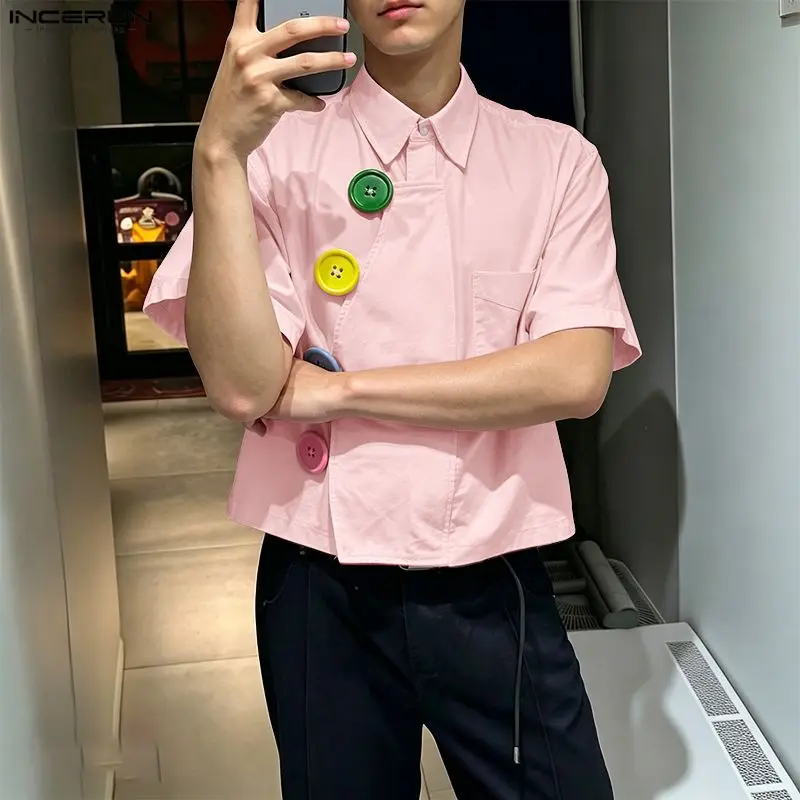 INCERUN Men Shirt Solid Color Lapel Short Sleeve Colorful Button Men Clothes Streetwear Summer Fashion Casual Crop Tops For Man
