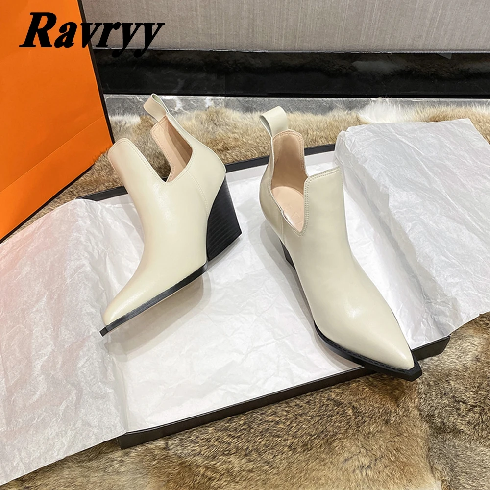 Genuine Leather Pointed Toe Slip On Chelsea Boots Pointed Toe Shallow Sexy Women Boots Solid Wedges Heel Platform Casual Shoes