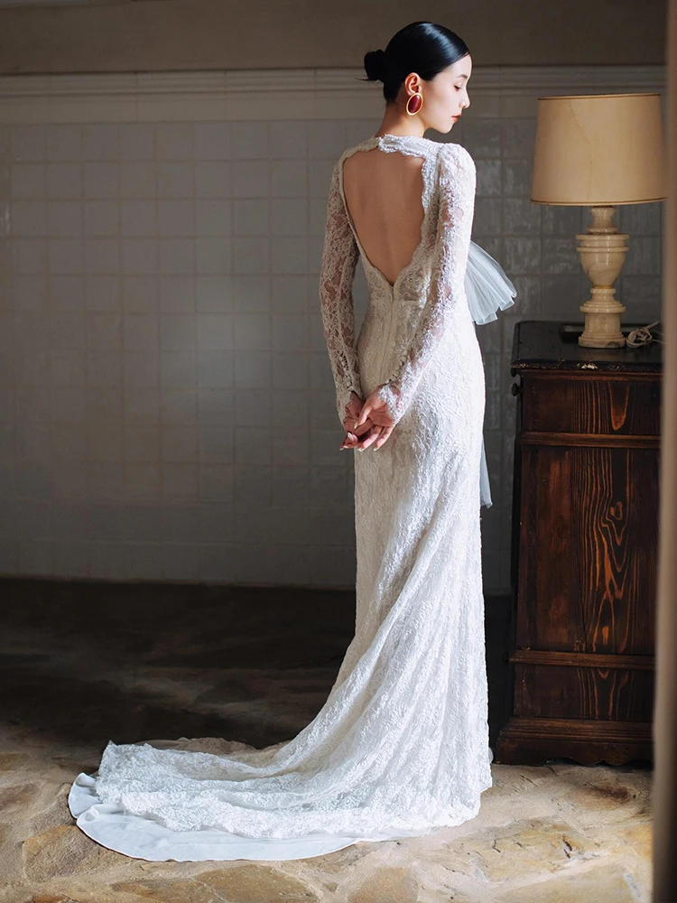 

Ele Long Sve Lace Wedding Dr Vintage Sle Fi Tail Gown for Bride Spring Marriage Sensation out Door Tulle Skirt