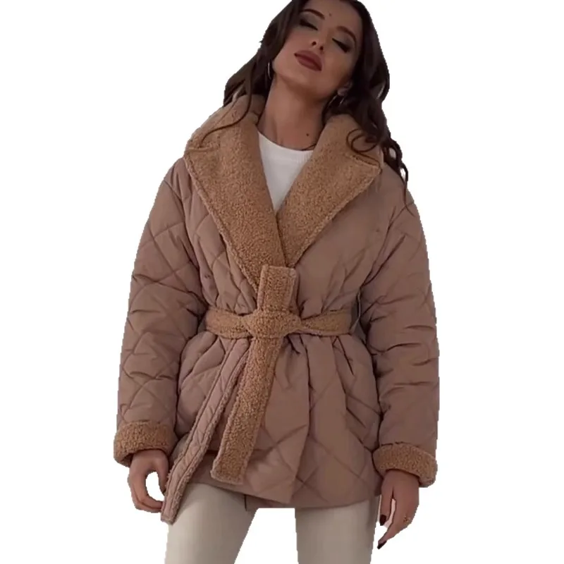 Women's Turn-down Collar Tie Closure Mid-length Cotton Coat Fashionable Loose Fit Outerwear Versatile Fitted Waist Comfortable