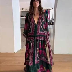 UNIZERA2024 Spring New Product Women's Fashion Loose Flare Long Skirt Necklace up Printed Long sleeved Dress