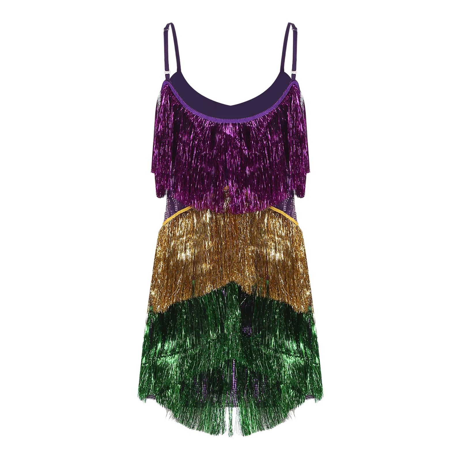 Abito da Danza del Ventre per Donna, Vestito Mini con Paillettes Luccicanti e Frange, Abito Senza Maniche con Blocchi di Colore e Nappe per Discoteca e Danza Samba