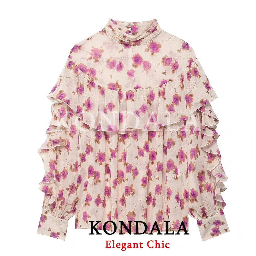 KONDALA Damen Trendige Elegante Bluse mit Blumenmuster Lässiges Plissiertes Langarm-Hemd Mode 2026 Frühling Sommer Urlaub Damen-Bluse
