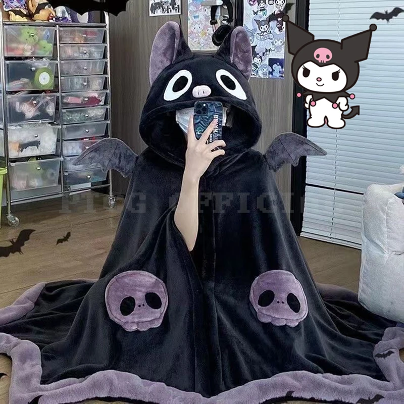 Kawaii Cartoon Bat Kuromi Y2k Plush Pajamas Anime Cloak Sleepwear Costume Halloween Cloak For Adults Pajamas Women Blanket Cape