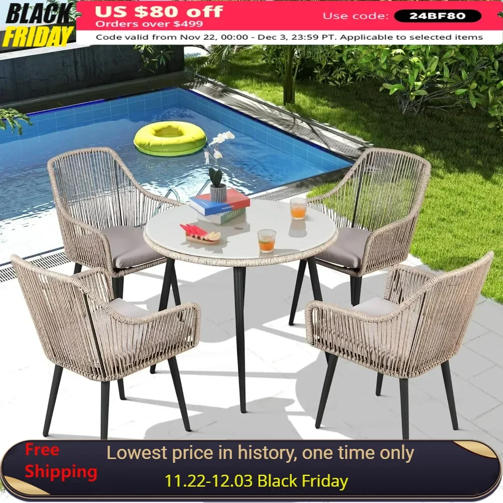 

Outdoor Tables， 5-Piece Patio Dining Set, W/Umbrella Hole, 4 Cushioned Chairs&Glass Table，patio Furniture