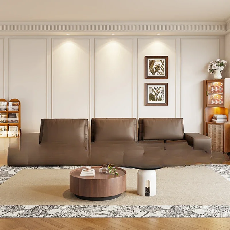 

Italian minimalist leather living room, movable backrest, large sitting depth, straight top layer, cowhide sofa