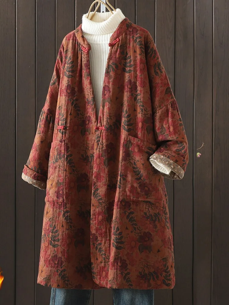 

Retro Cotton Linen Print Jaet Women's Mid-Length Button-Up Thi Outerwear Ethnic Sle Loose Fit Long Sve Stand Collar