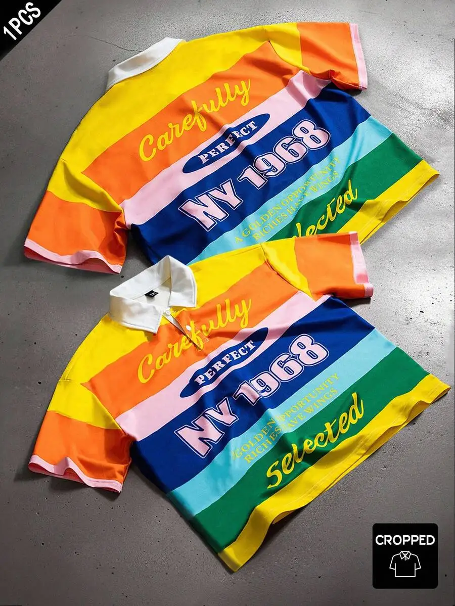 

Men's Cropped Colorblock Graphic Polo Shirt, Loose Fit Streetwear Style