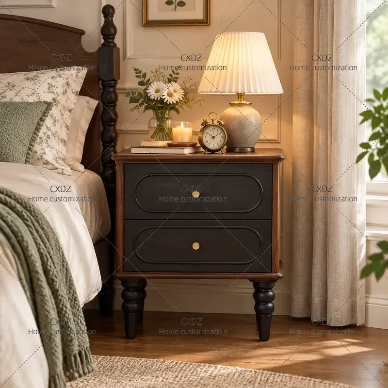 French Antique Anna Solid Wood Bedside Table Retro Medieval American Style Bedroom Nightstand Home Storage Cabinet