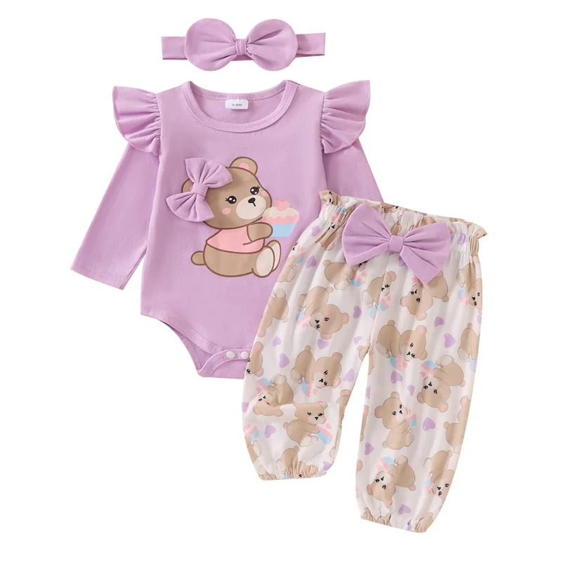 

Baby Girl Fall Outfit Bear Print Long Sleeve Romper Elastic Waist Pants Bow Headband 3 Piece Set