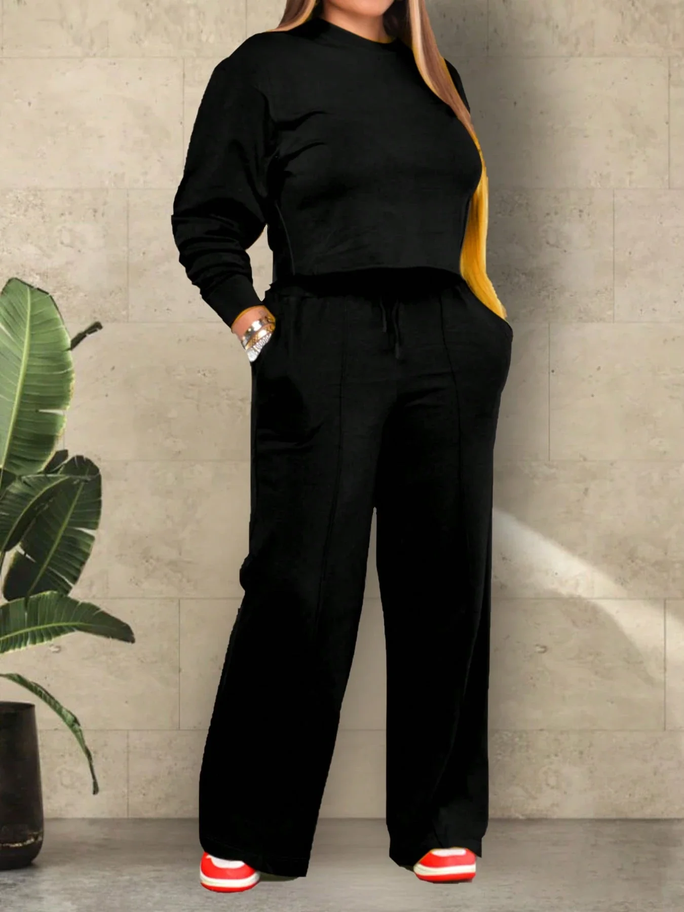 

Повседневный комплект из 2 предметов: однотонные свободные брюки с широкими штанинами и топ, черный, весенний