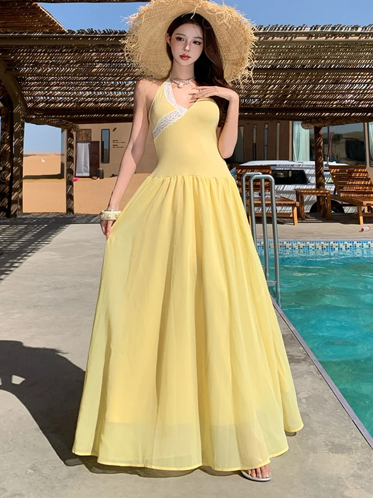 New Summer Boho Yellow Chiffon Dress Female V-Neck Backless Sexy Dress Elegant Fashion Slim Holiday Beach Long Dress