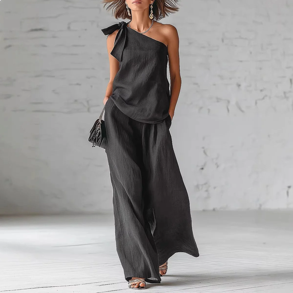 

Sleeveless One Shoulder Top with Tie Detail Wide Leg Pants Jumpsuit Matching Set Spring Summer Evening Dress