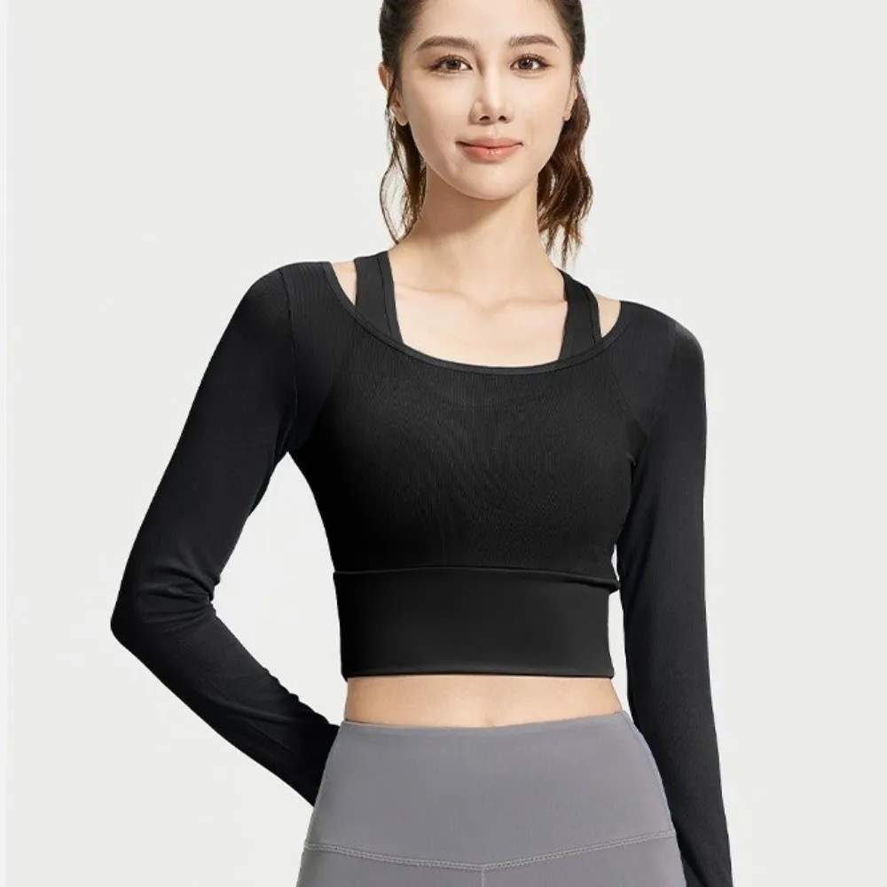 Long Sleeved Fitness Yoga Top Mesh Splicing Fixed Chest Pad Women Sports Top Slimming Design High Elastic Yoga Shirts