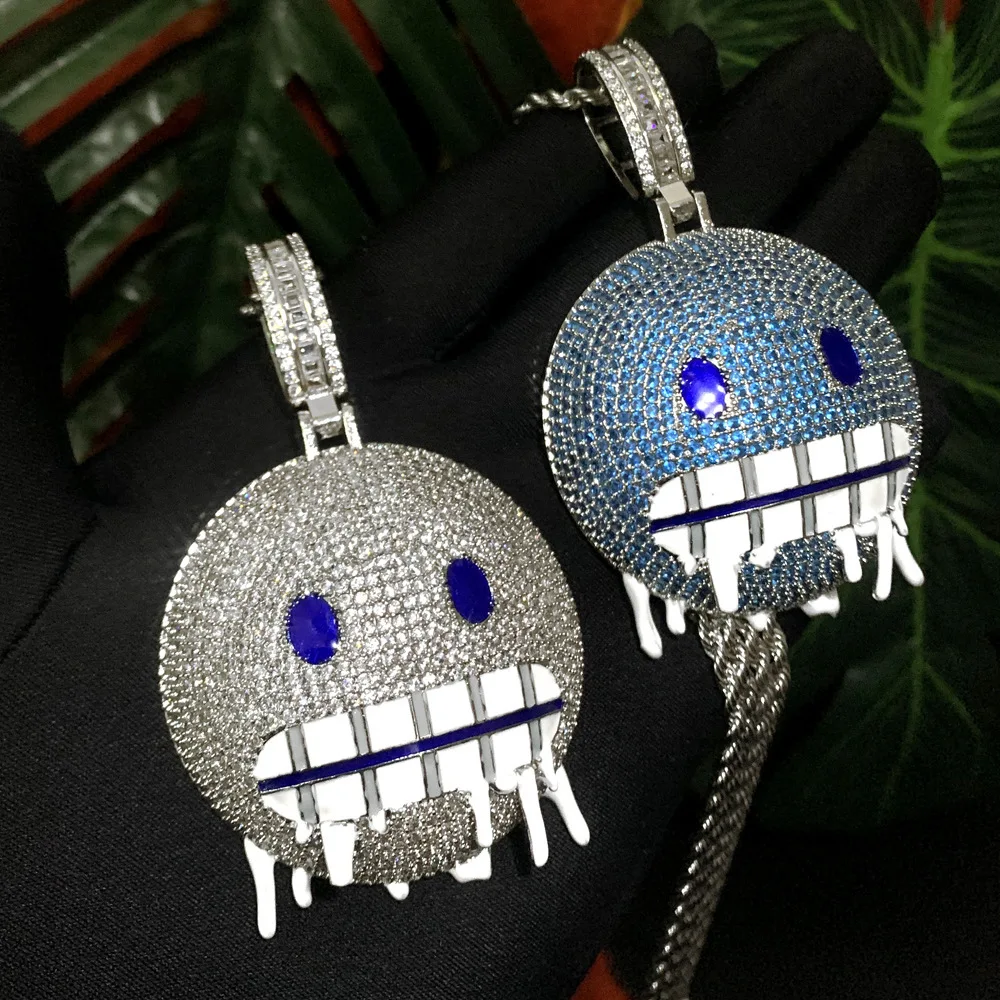 Hiphop fashion trend new ice face pendant blue and white zircon inlaid hip-hop punk men's necklace