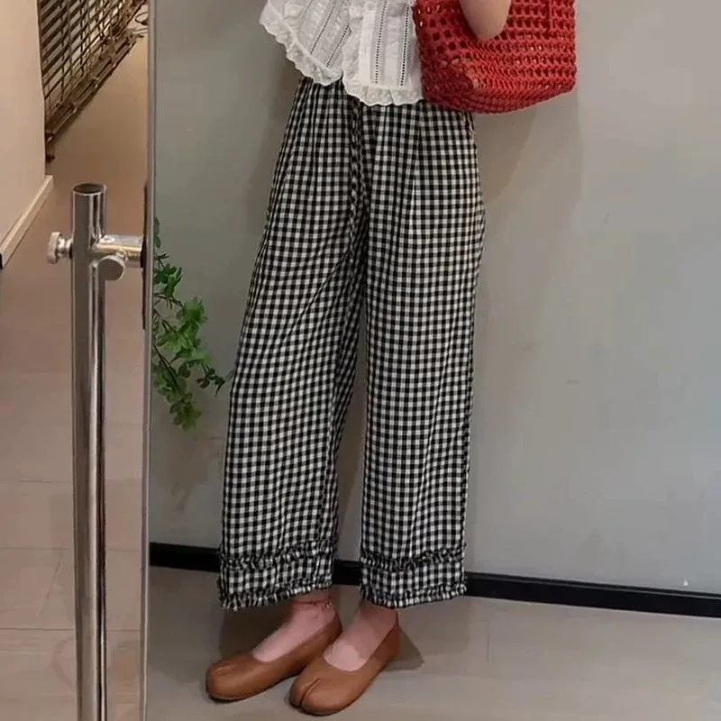 

Ретро-клетчатые свободные брюки для женщин, новинка 2026 года, европейский стиль, с высокой талией, модные летние легкие брюки, корейская мода