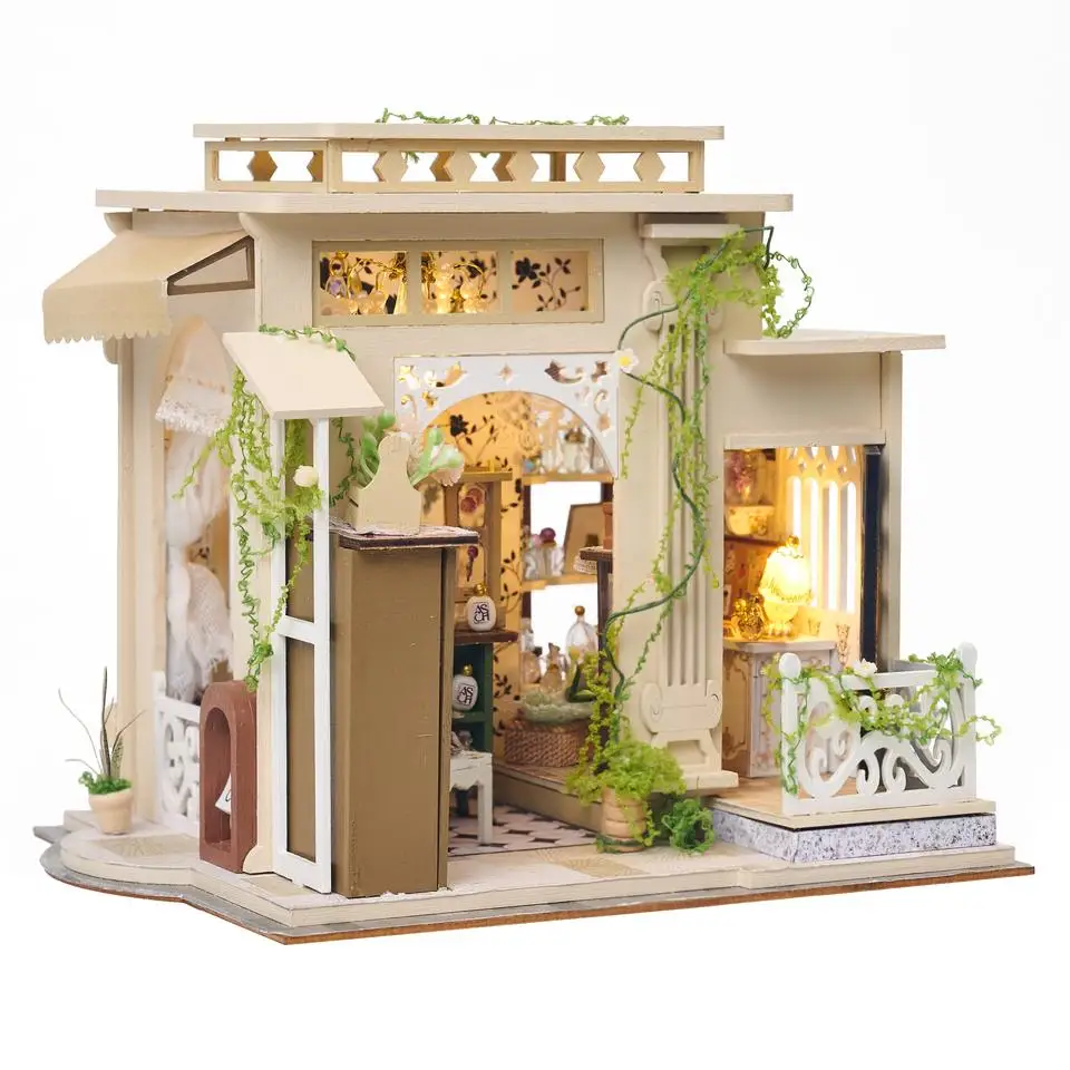 DIY Wooden Odeur Noble Perfume Shop Cottage Figurines Miniatures Kits Mini Casa for Friends Birthday Gifts Home Decor Crafts