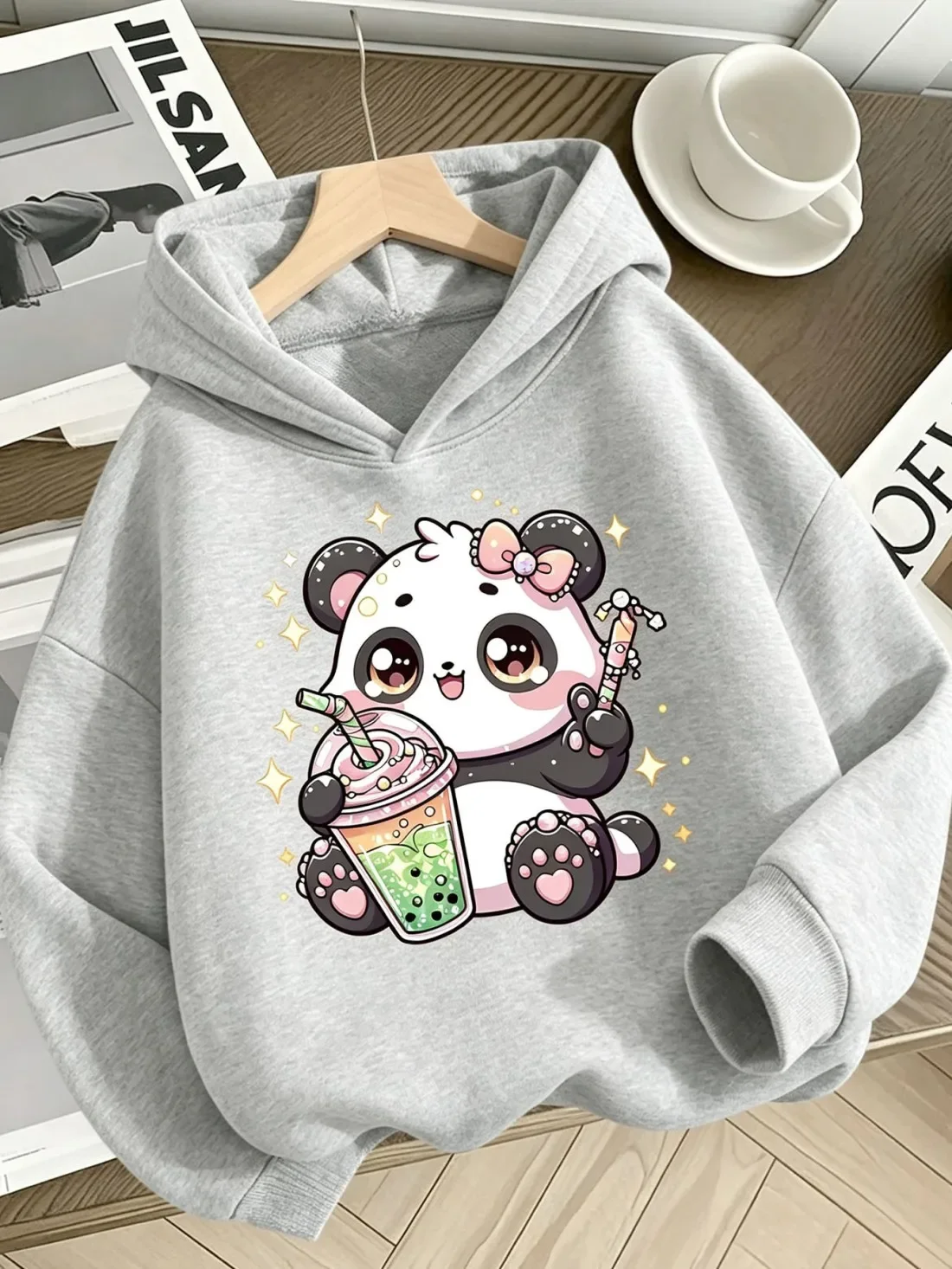 Kids Hoodie Autumn Winter Fleece Cute Panda Bubble Tea Graphic Pullover Sweatshirt Casual Warm Cartoon Hooded Sweatshirt