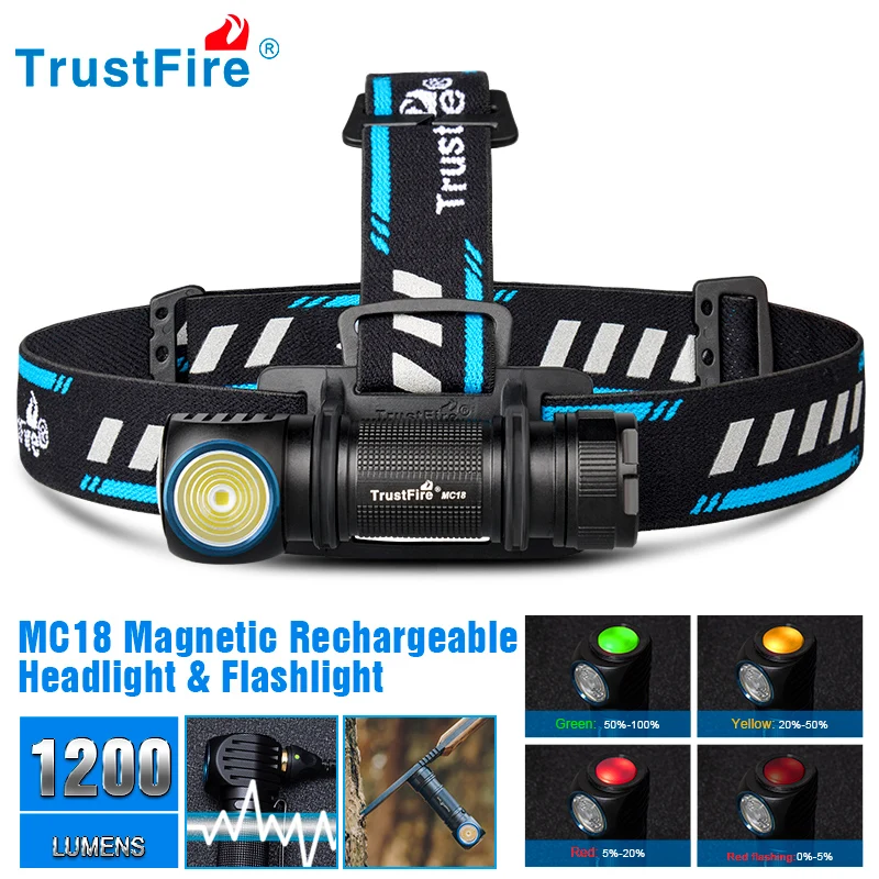 Trustfire-linterna frontal Mc18 Led xp-lhi 18650 magnética 2a, recargable por Usb, 1200lm, imán, tapa trasera