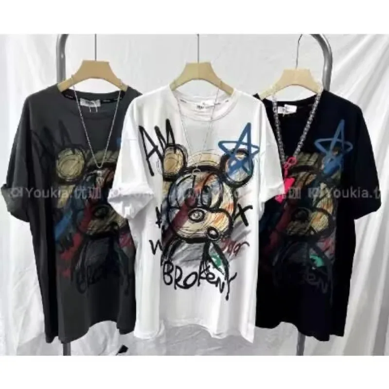 

Oversized Tops Summer New Pure Cotton Loose Cartoon Graffiti Mickey Letter Short Sleeved T Shirt for Men Women Aesthetic Clothes