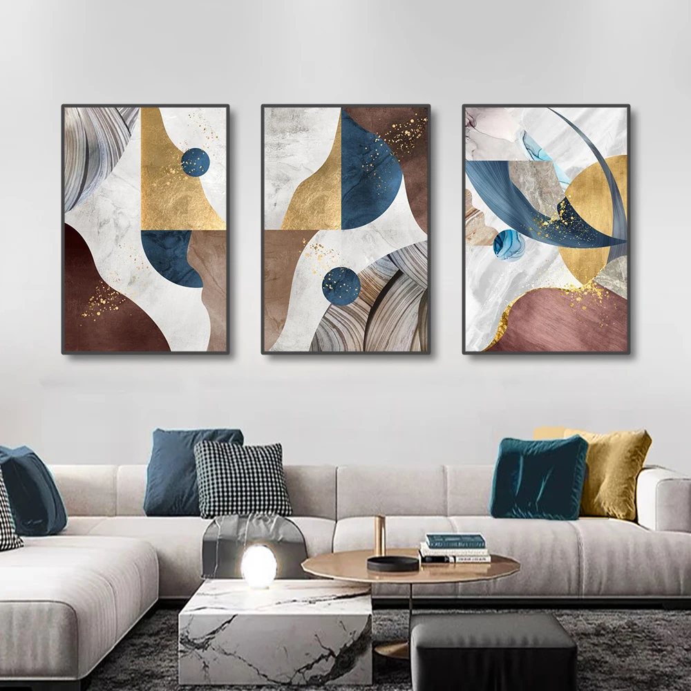 3PCS Framaless Abstract Geometry Canvas Painting Gold Marble Texture Posters Prints Wall Art Pictures for Living Room Home Decor