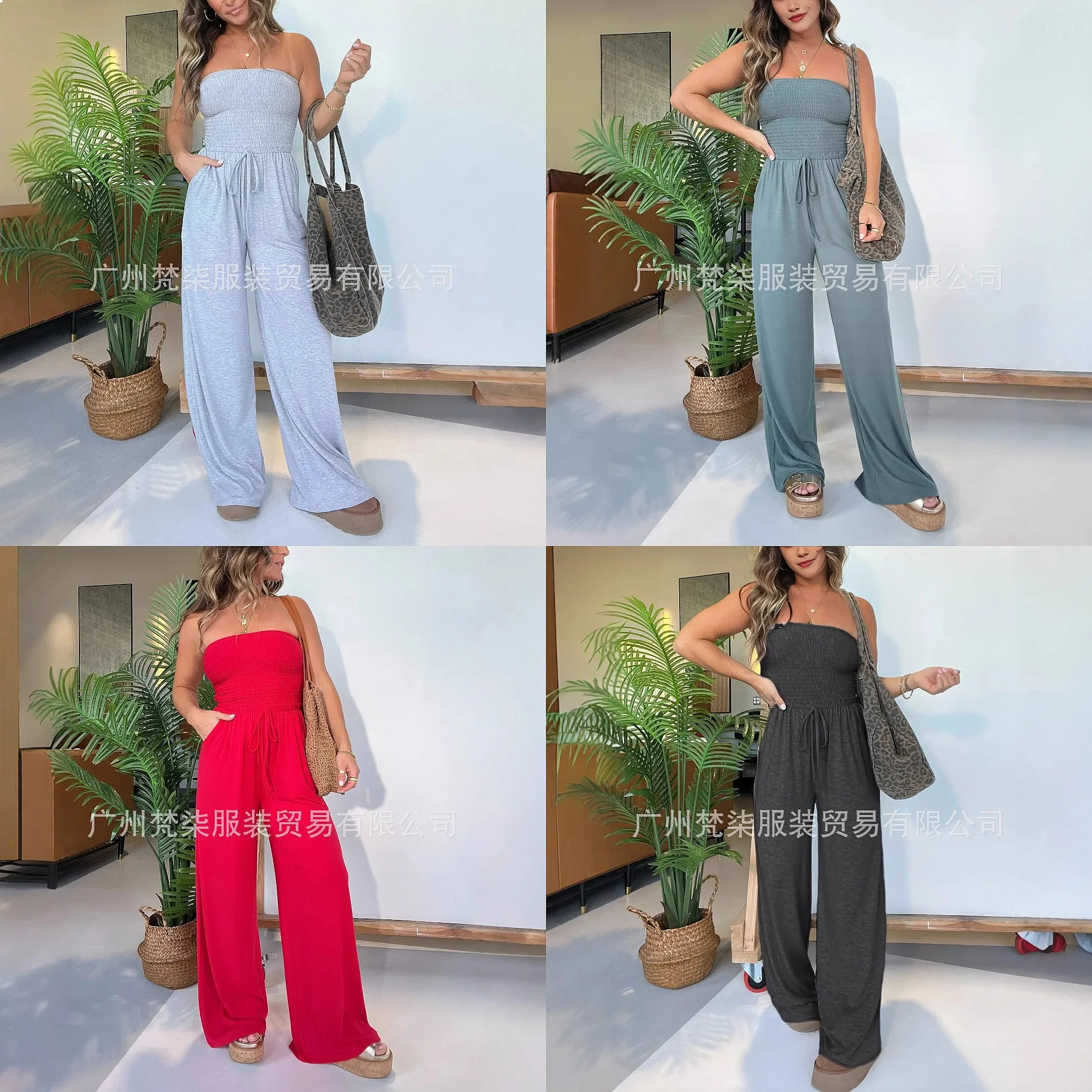 

Solid Color Tube Top Loose Wide Leg Jumpsuit Spring Summer Overall Romper Playsuit