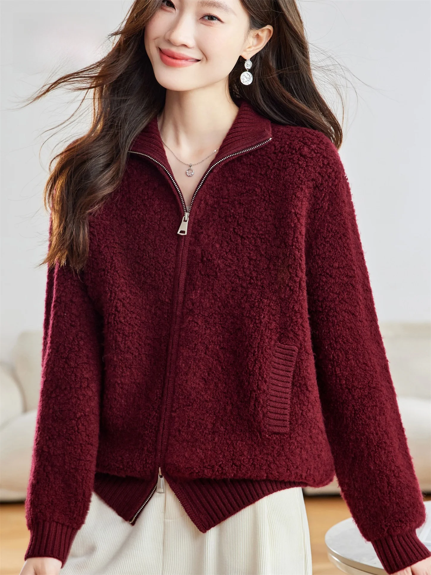 

Весенне-осеннее новое шерстяное пальто для мамы, свободное утягивающее пальто с воротником-стойкой, двойная молния, верхняя одежда среднего возраста и ly Faion