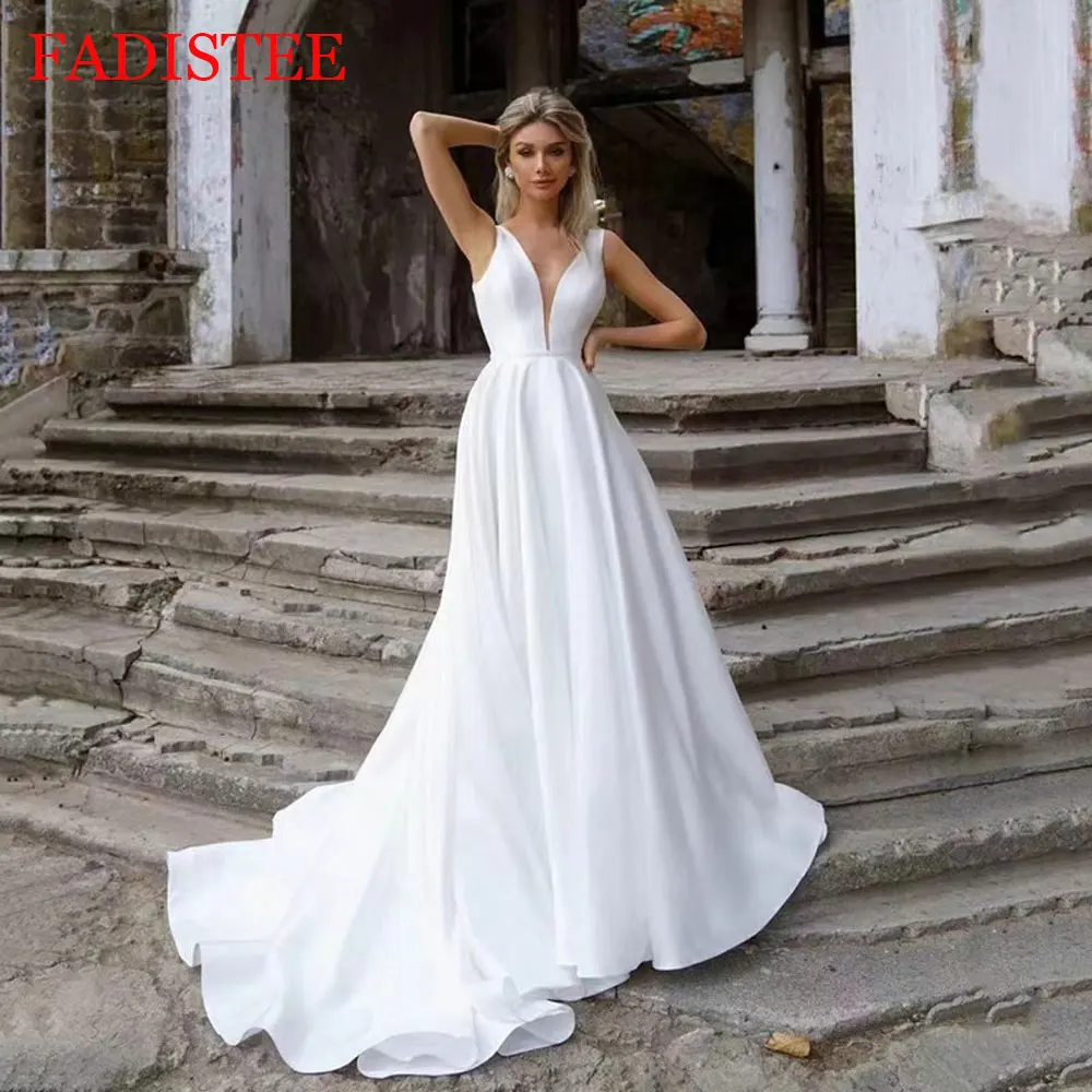 

Elegant Simple V-neck Satin Wedding Dress For Women A-line Sweep Train Backless Sleeveless Bridal Gowns Vestido De Novia Custom