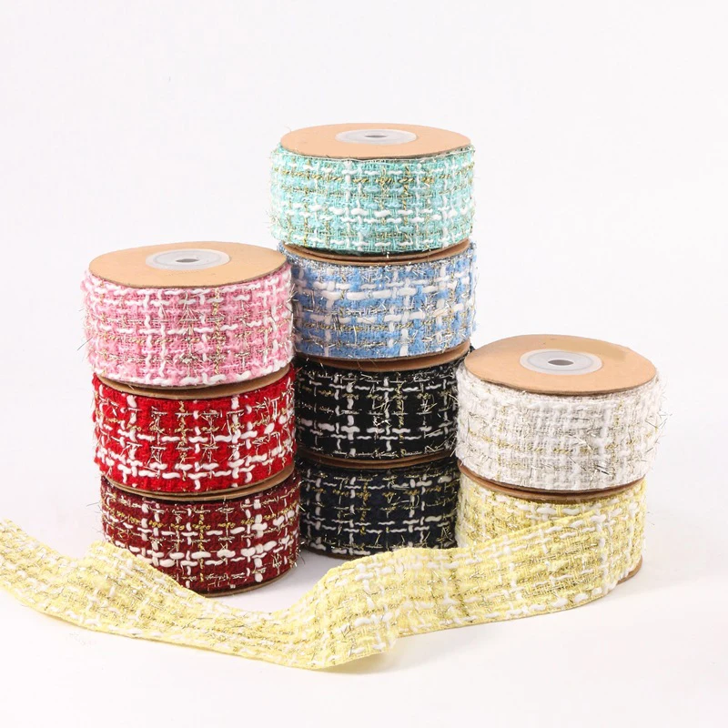 10 Yards 38MM Golden Thread Plaid Pachynema Knit Ribbon Hair Bows DIY Crafts Handmade Accessories Sewing Supplies