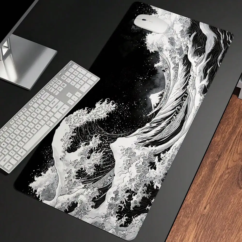 Black White Style Great Wave Large Gaming Mouse Pad, Purple Minimalist Japanese Desk Mat, Gamer Aesthetic Extended Mousepad Cute, Non-Slip Rubber Base Black