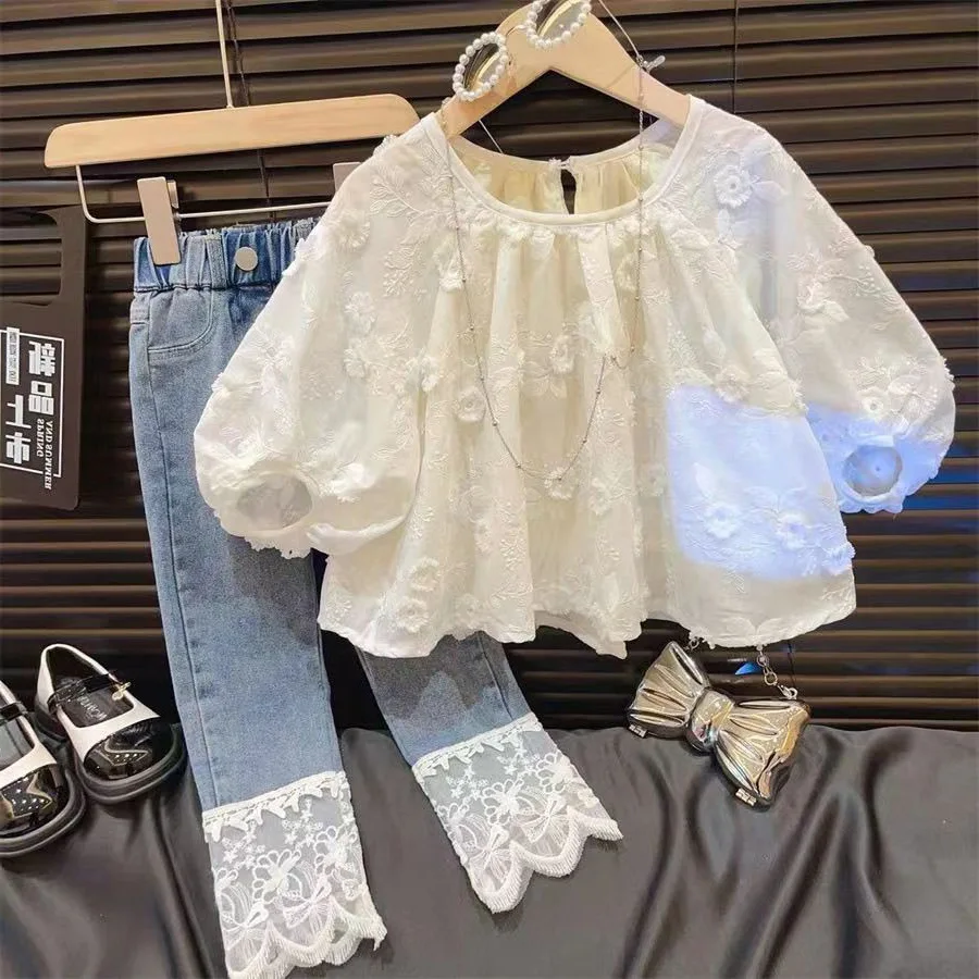 

Girls' summer set 2024 new children's half-sleeved doll shirt jeans two-piece summer clothes for baby girls