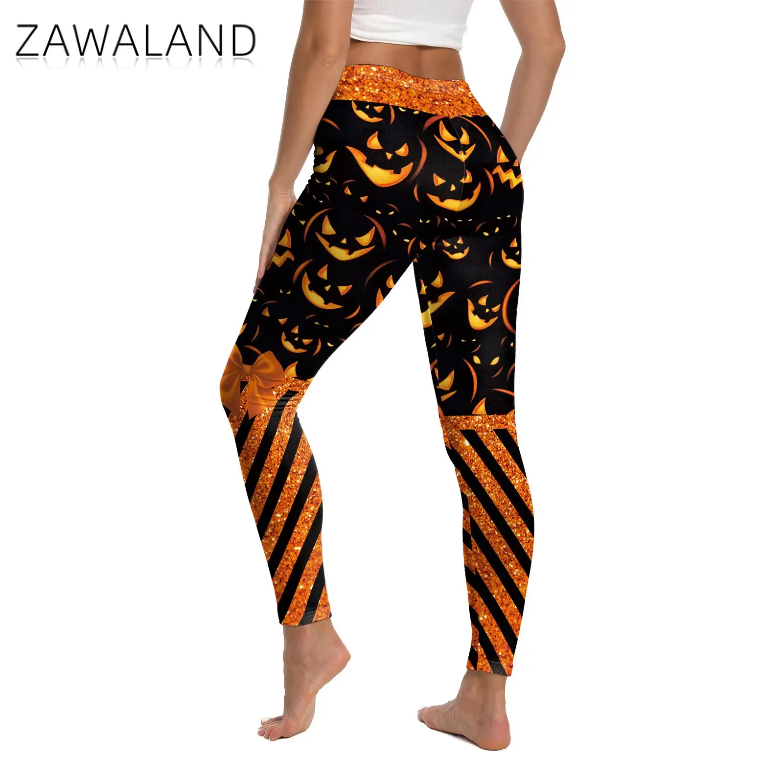 Zawaland 호박 반짝이 줄무늬 인쇄 할로윈 레깅스 여성 축제 호박 그래픽 바지 Strechy 섹시한 스타킹 파티 바지