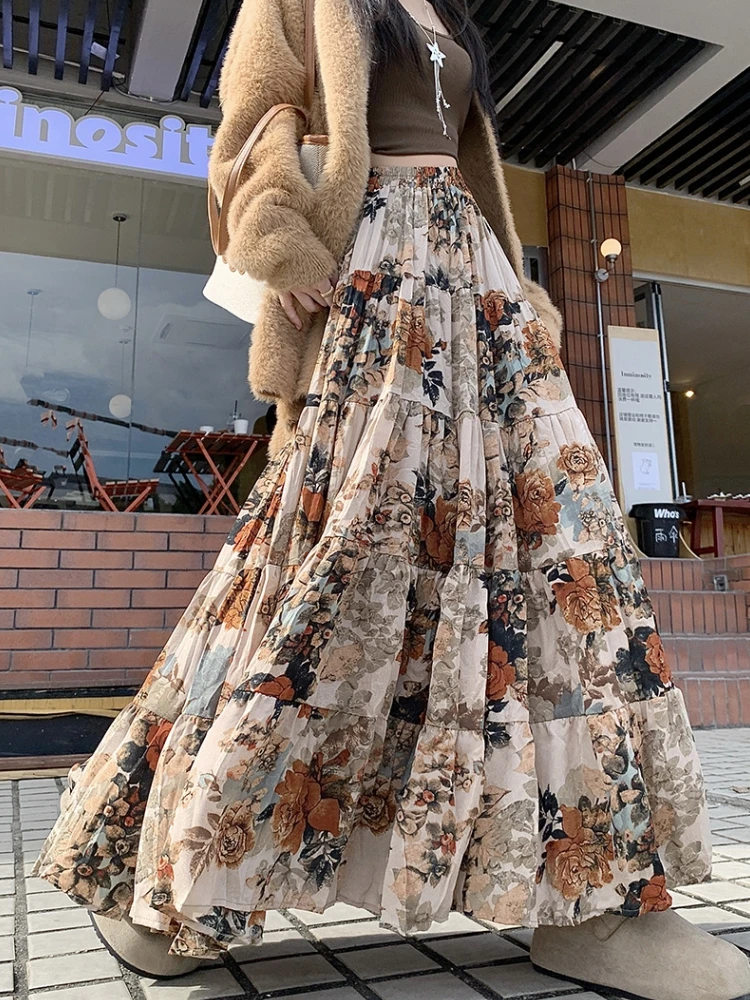 

Qiukichonson Mid Long Skirts Womens Floral Skirt 2025 Spring Autumn Korean Goth Lolita High Waist Ruffle Pleated Maxi Skirts rok