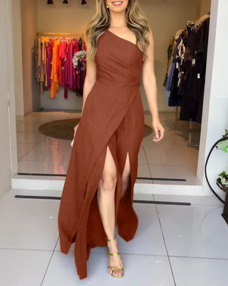 

Women's One Shoulder Slim Fit Jumpsuit High Slit Ruched Zipper Side Wrap Wide Leg Fashionable Elegant Evening Wear