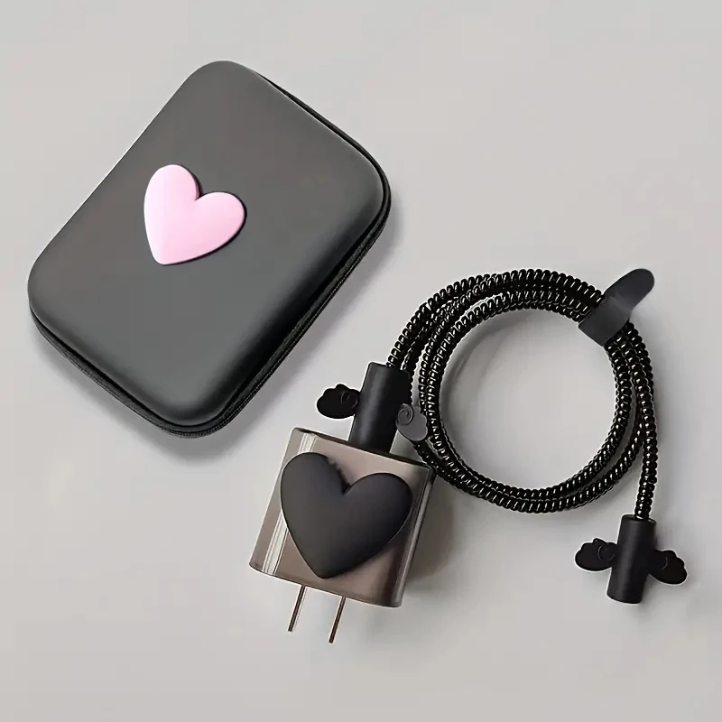 Korea Cute 3D Love Heart + EVA Storage Bag Set Charger Cover For IPhone 11 12 13 14 15 18W-20W Charge Correa Protection Sleeve