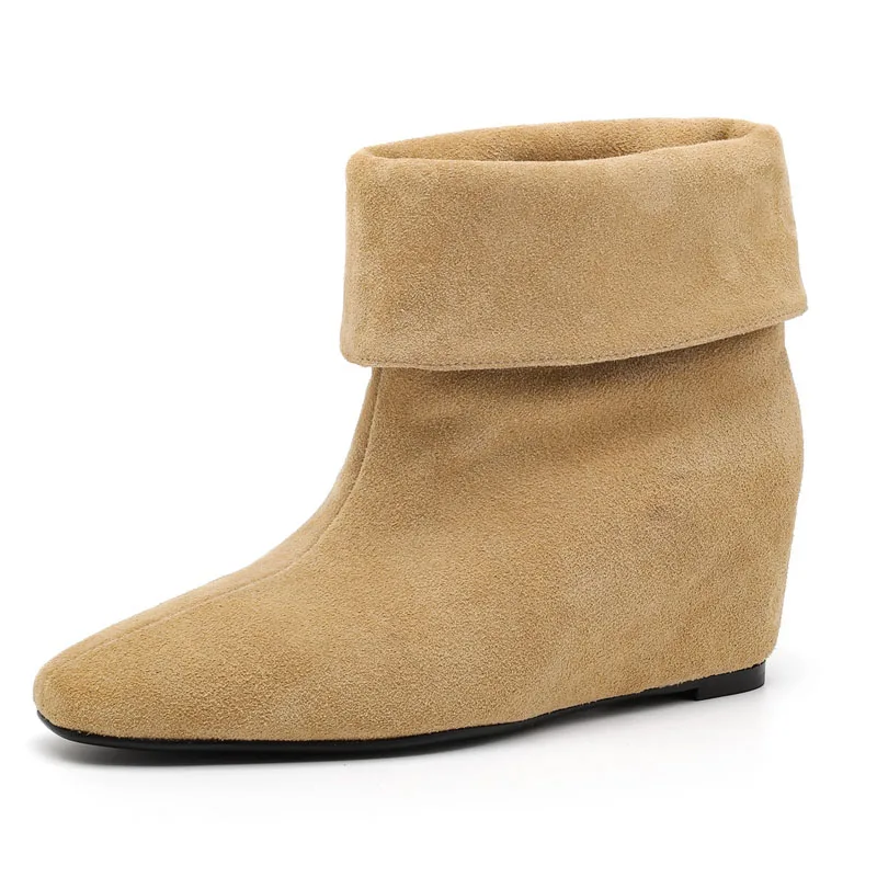 High Quality Genuine Leather Flanging Internally High Short Boots Women Wedge Heels Ankle Boots Flats Fashion Boots Woman