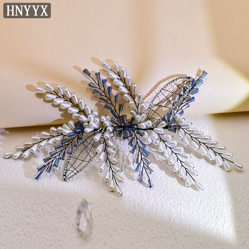 

HNYYX Trendy Pearl Hairclips Blue Color Crystal Beaded Hairpins Flower Hair Accessories Bride Wedding Tiaras Headwear A108