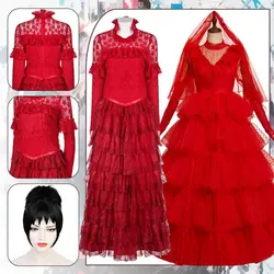 Lydia Cosplay Deetz Red Dress Costume Wig Fantasia Disguise for Adult Wedding Dresses Female Halloween Carnival Party Clothes