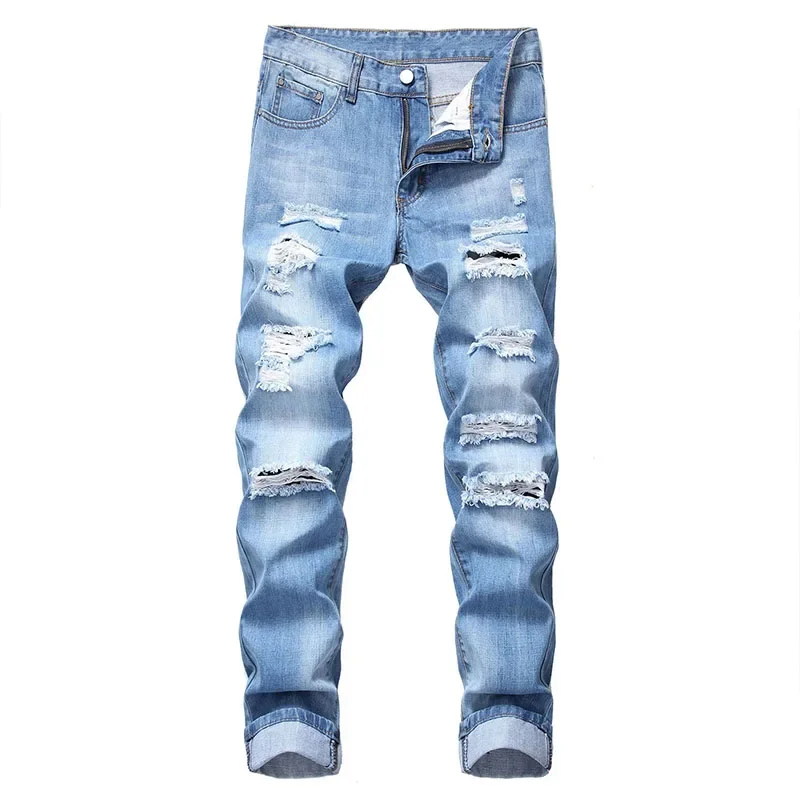 Pop 2025 New Mens Jeans Brands Straight Jeans Men Zipper Hole Streetwear Casual Pants Denim Trousers Pantalones Hombre Y2K Cloth