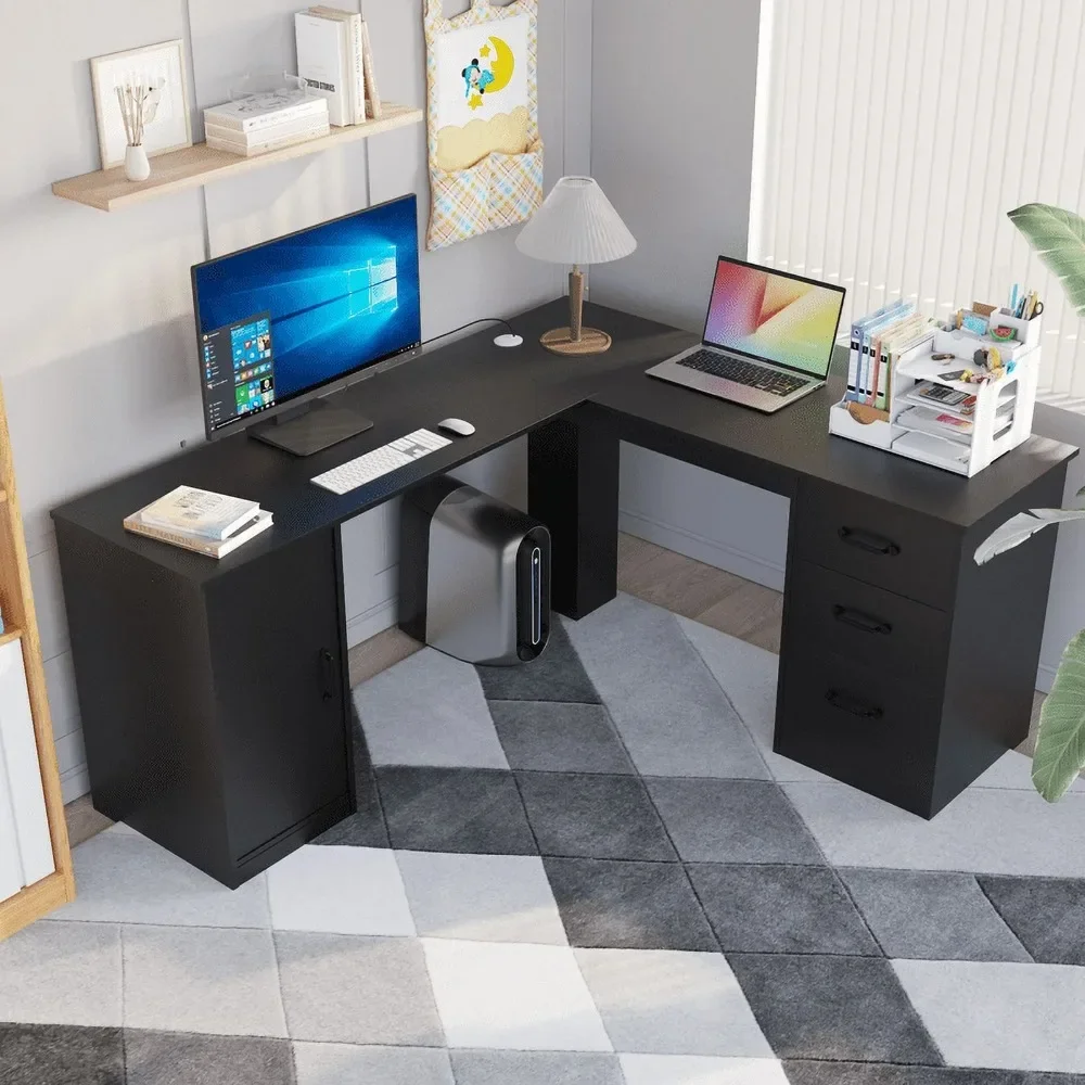 

L Shaped Desk Corner Desk Computer Desk with Storage and Drawers, Black
