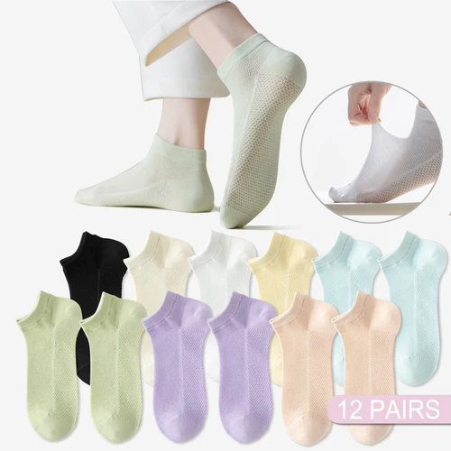 12 pares de nuevos calcetines de algodón para mujer, calcetines cortos de malla fina transpirable, calcetines cortos de corte bajo coloridos para chica de verano