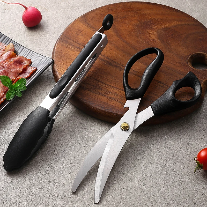 Barbecue Scissor Clip Set with Curved Blade Stainless Steel Kitchen Barbecue Scissors Silicone Food Clip Barbecue Tools