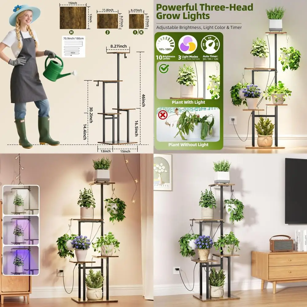 

46-ярусная металлическая подставка для растений с 3 светодиодными лампами и крючками для подвешивания, идеально подходит для гостиной, сада, патио (черный/коричневый)