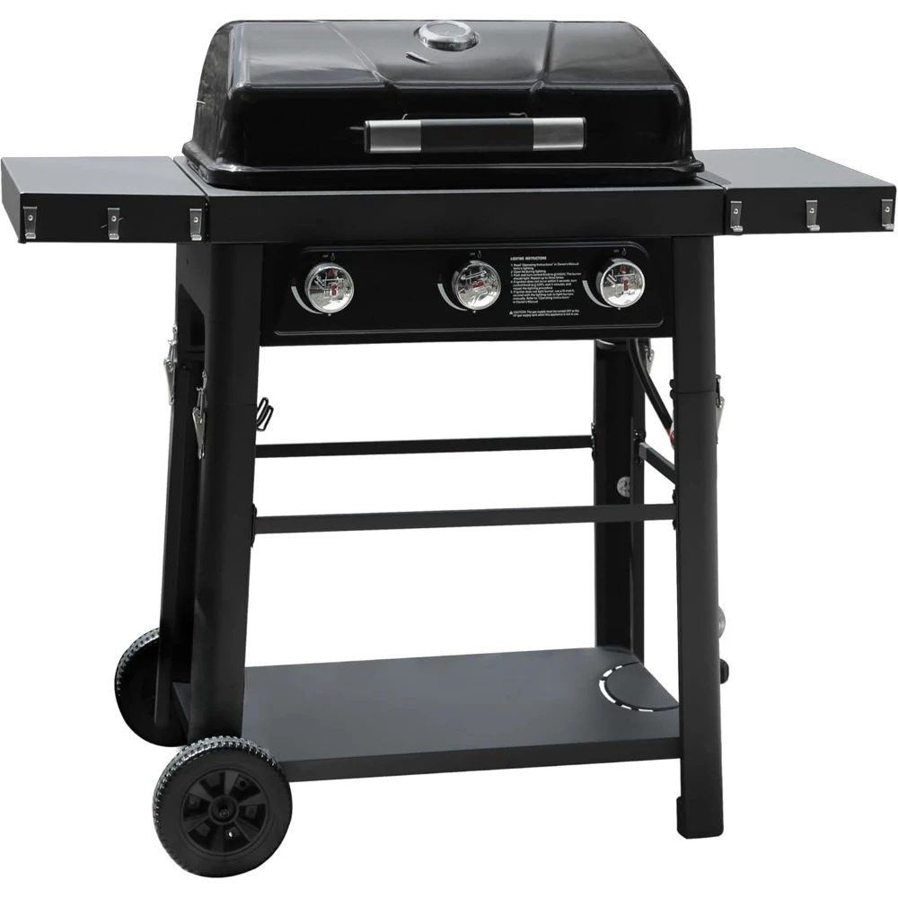 

Propane Barbecue Grill with Portable Desktop Gas Grill, Enamel Cast Iron Grate, Black, 3-burner