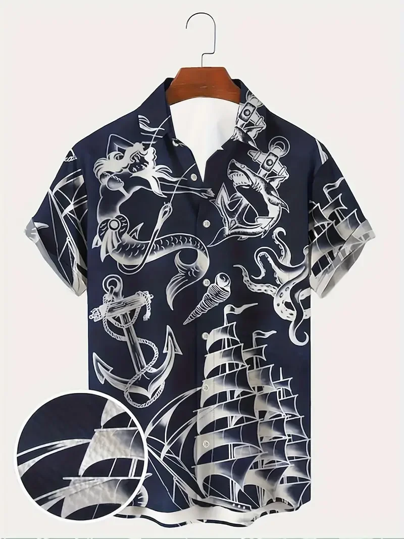 Men's fashion avant-garde mermaid print summer short sleeved shirt casual beach day and outdoor activity comfortable fabric